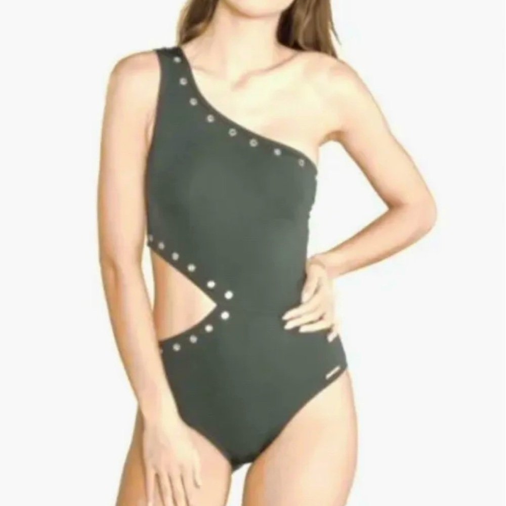 Michael Kors Army Green One-Shoulder Cut-Out One Piece Swimsuit Size 6